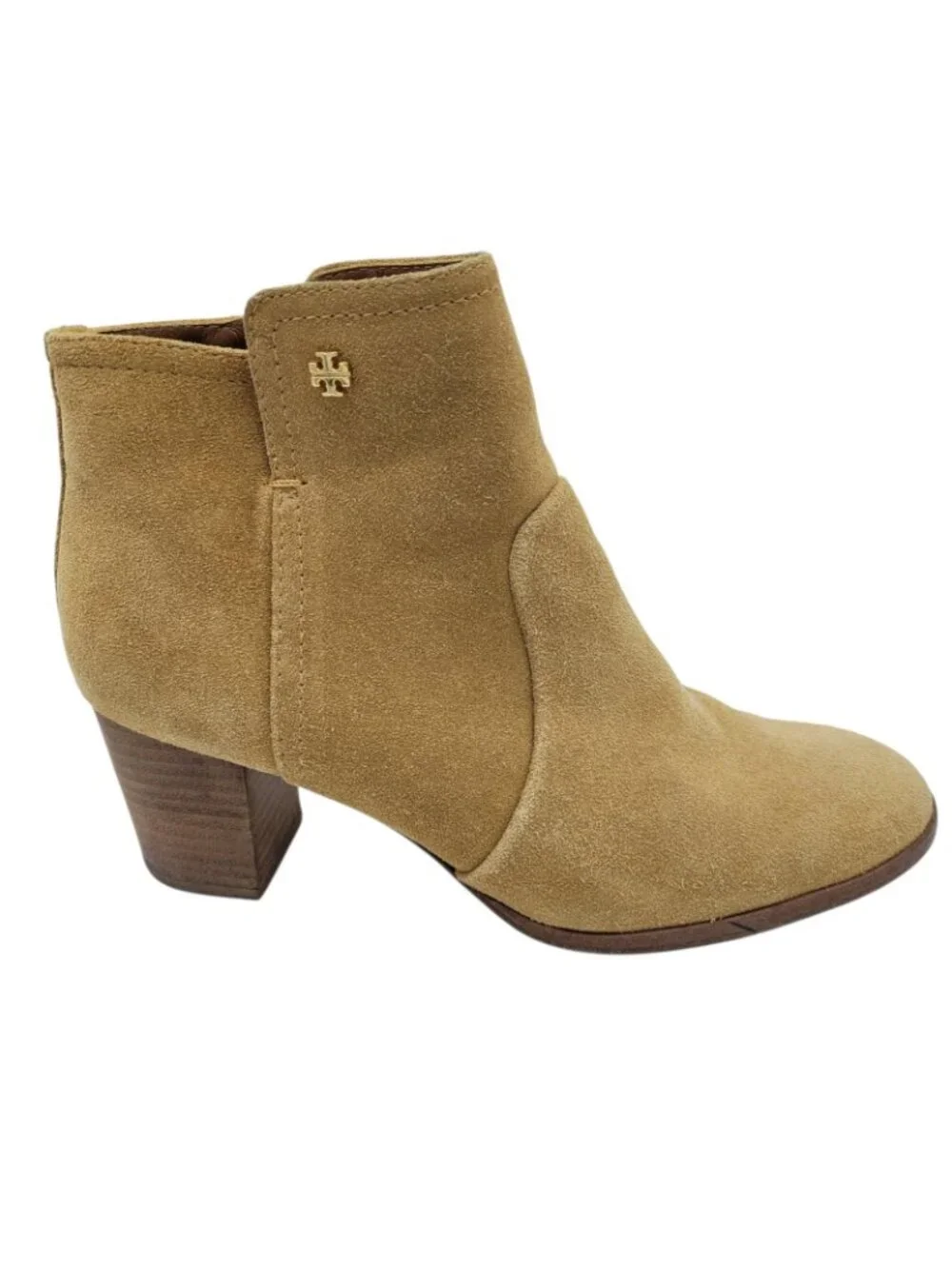 TORY BURCH Sabe Suede Ankle Boots Womens 8 Caramel Tan Round Toe Stacked Heel
